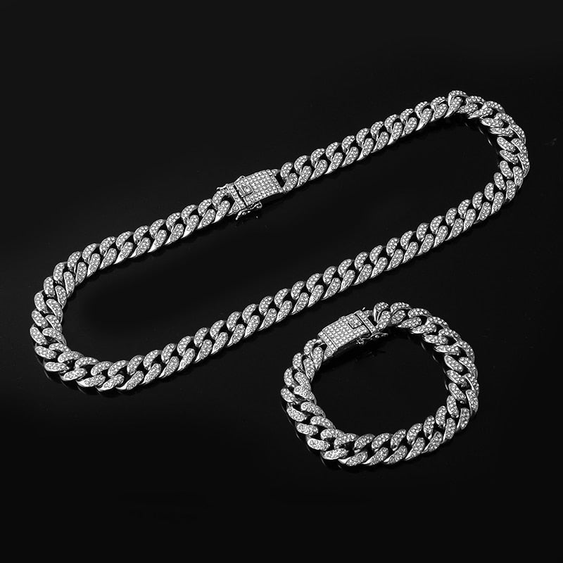 13mm Iced Cuban Chain + Bracelet (White Gold)