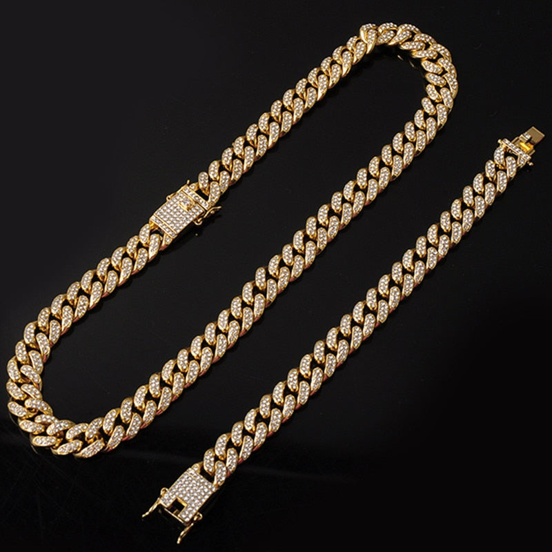 13mm Iced Cuban Chain + Bracelet (Gold)