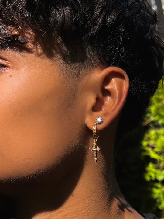 Multi Diamond Gold Cross Hoop Earrings