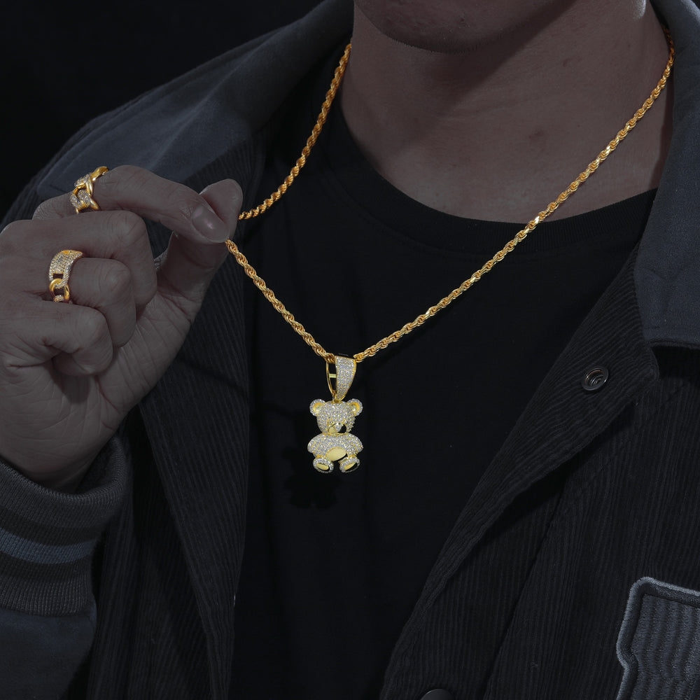 Gold Moissanite Bear Pendant Necklace
