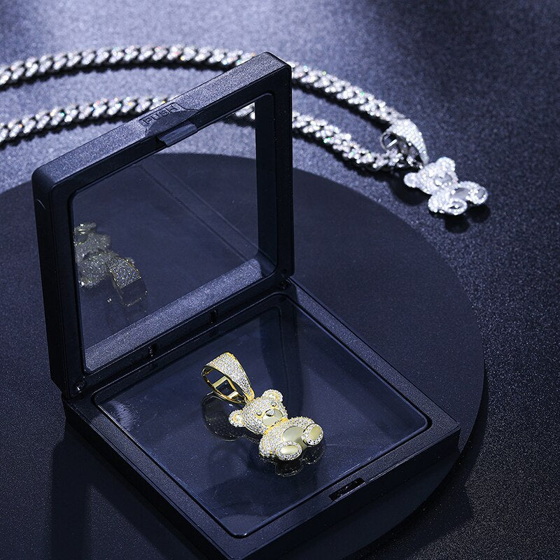 Gold Moissanite Bear Pendant Necklace