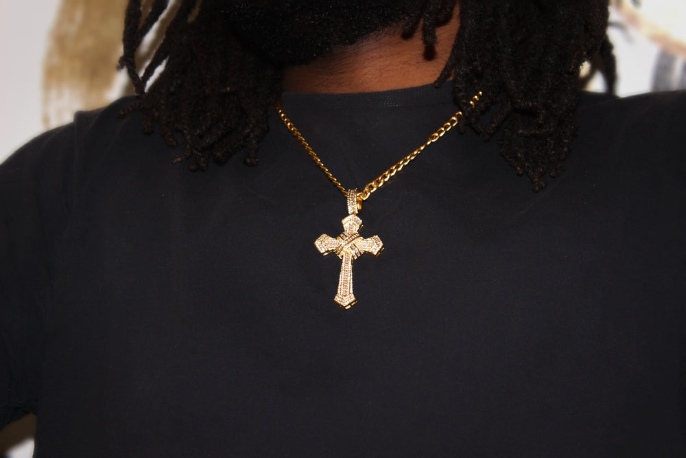 Gold Roman Cross Iced Out Pendant & Chain