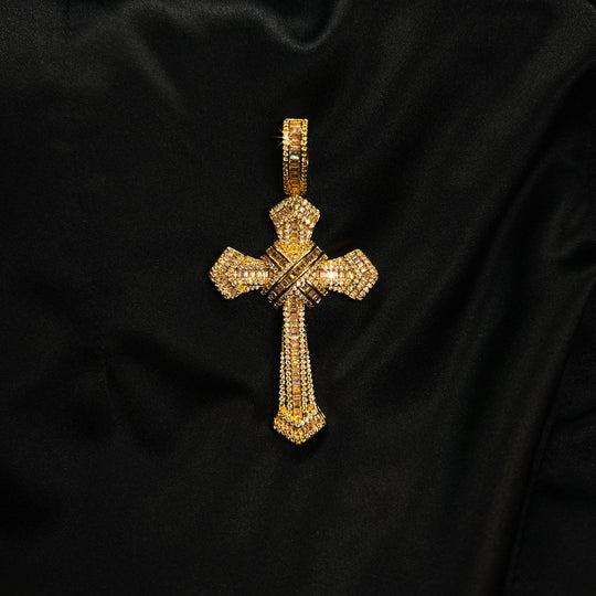 Gold Roman Cross Iced Out Pendant & Chain
