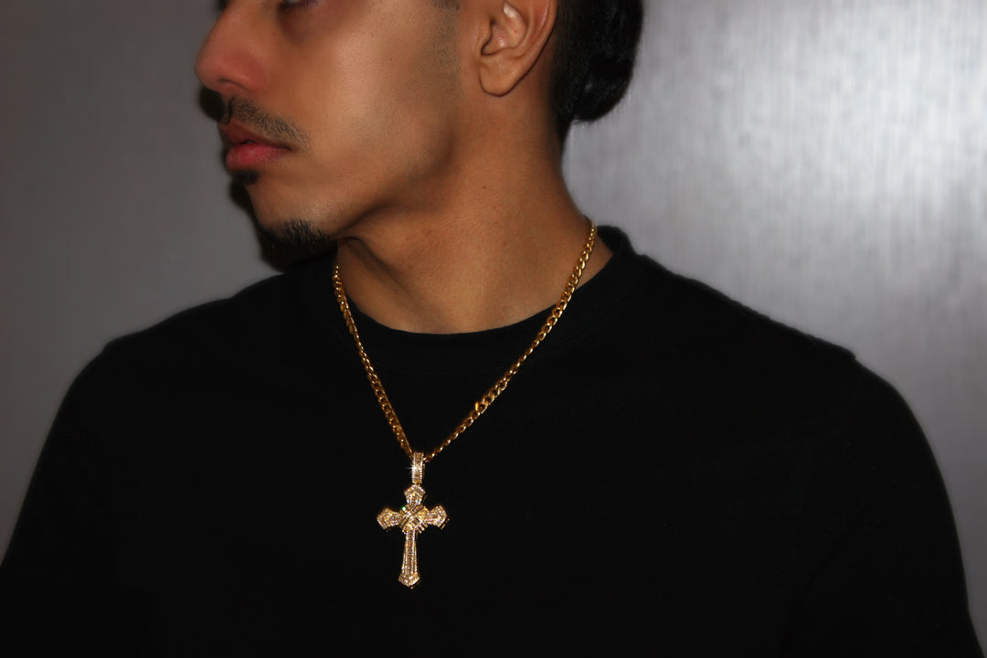 Gold Roman Cross Iced Out Pendant & Chain