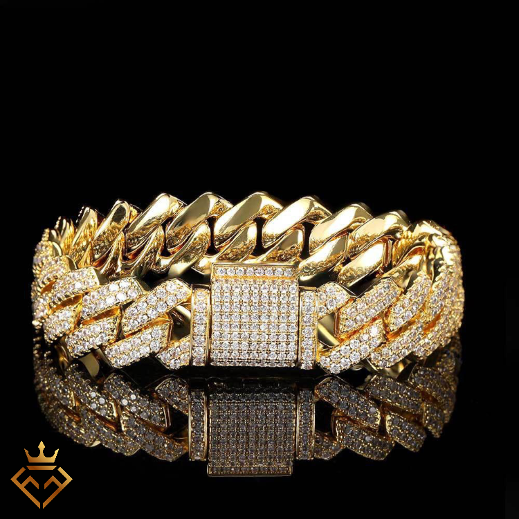 14mm Diamond Prong Cuban Bracelet 18K Gold