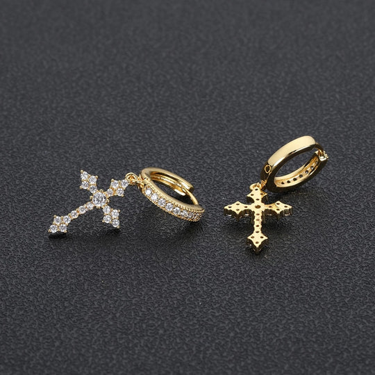 Multi Diamond Gold Cross Hoop Earrings